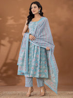 Thumbnail for Yufta Blue Cotton Anarkali Square Neck Kurta Dupatta Set