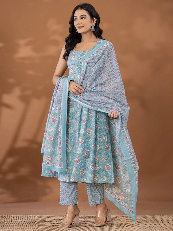 Yufta Blue Cotton Anarkali Square Neck Kurta Dupatta Set