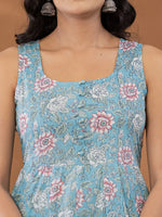 Thumbnail for Yufta Blue Cotton Anarkali Square Neck Kurta Dupatta Set
