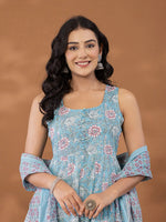 Thumbnail for Yufta Blue Cotton Anarkali Square Neck Kurta Dupatta Set