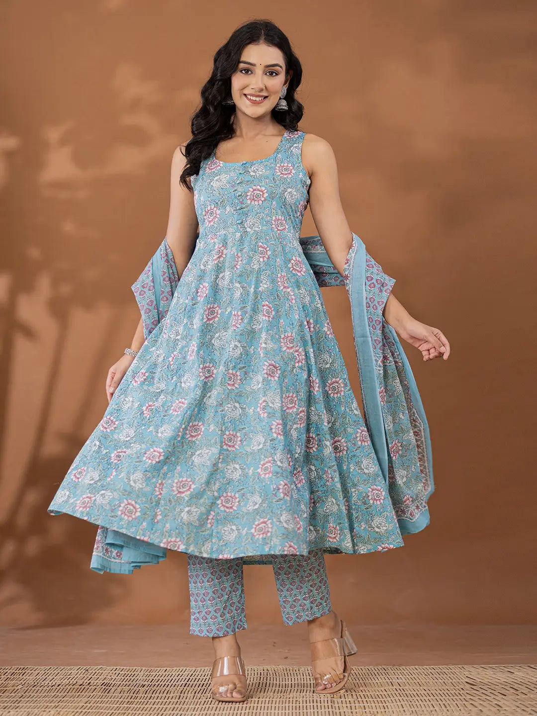 Yufta Blue Cotton Anarkali Square Neck Kurta Dupatta Set