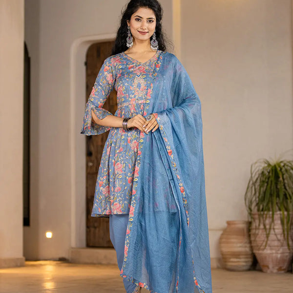Yufta Blue Cotton Beads And Stones A-Line Gathers Kurta And Dhoti Pants With Dupatta Set - Distacart
