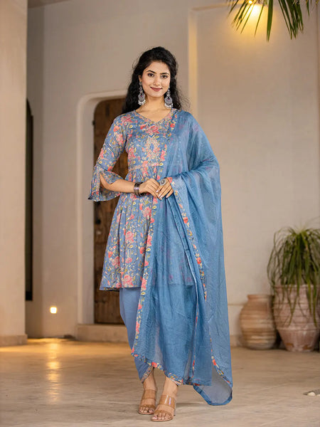 Yufta Blue Cotton Beads And Stones A-Line Gathers Kurta And Dhoti Pants With Dupatta Set - Distacart