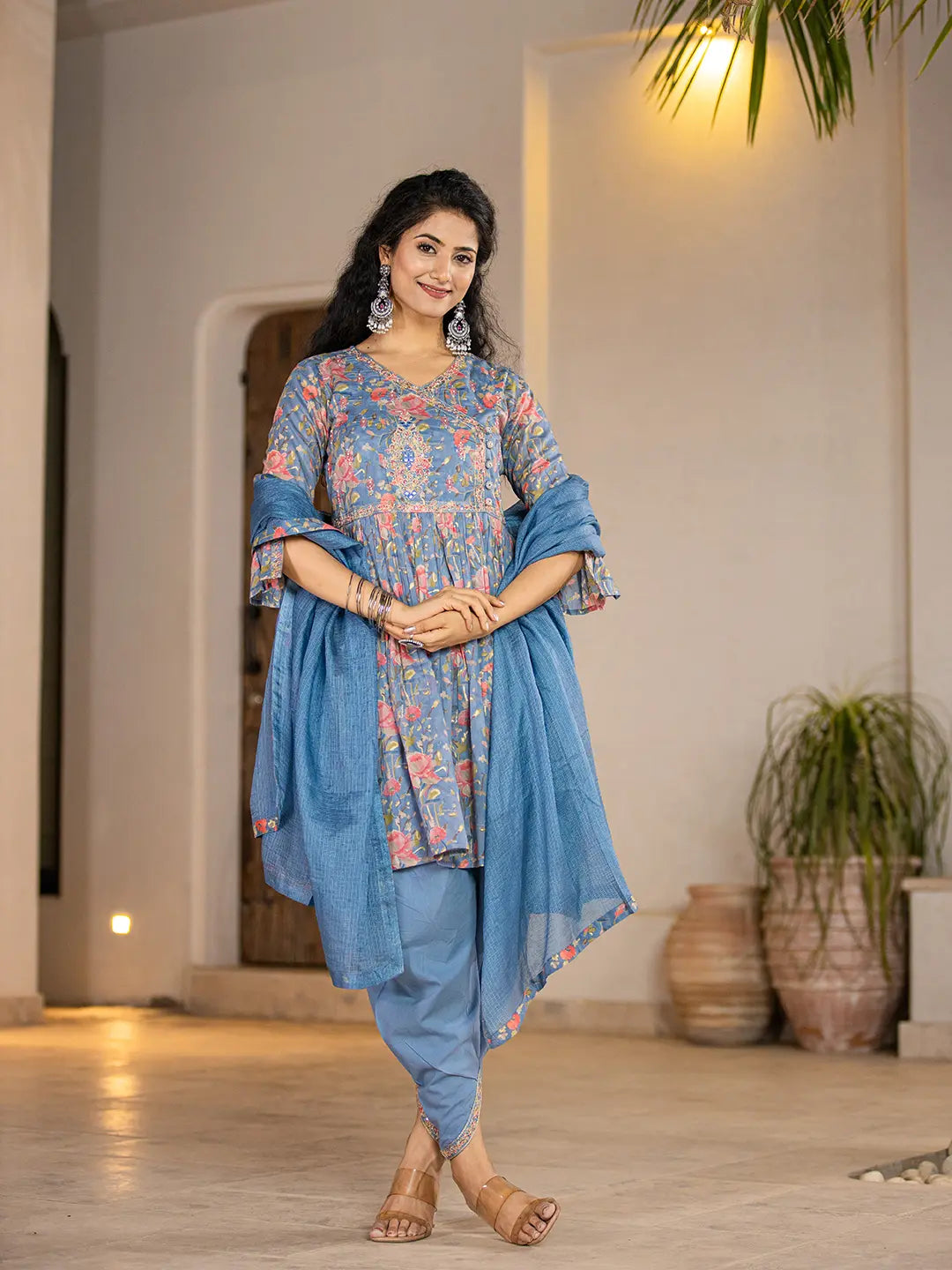 Yufta Blue Cotton Beads And Stones A-Line Gathers Kurta And Dhoti Pants With Dupatta Set - Distacart