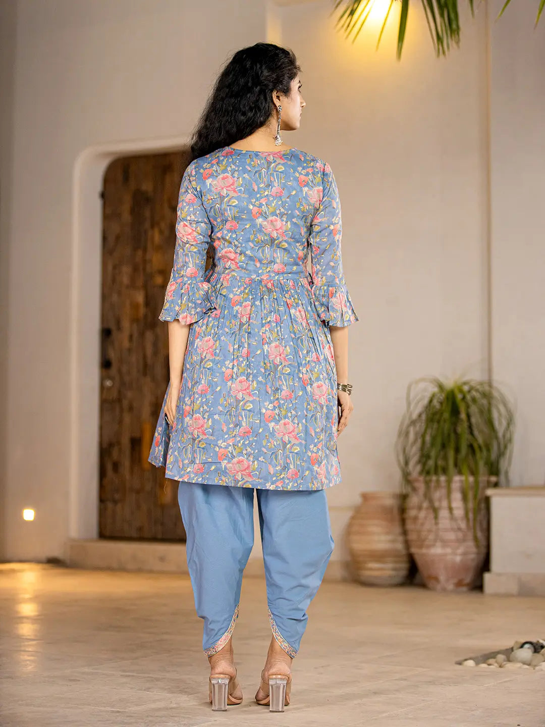 Yufta Blue Cotton Beads And Stones A-Line Gathers Kurta And Dhoti Pants With Dupatta Set
