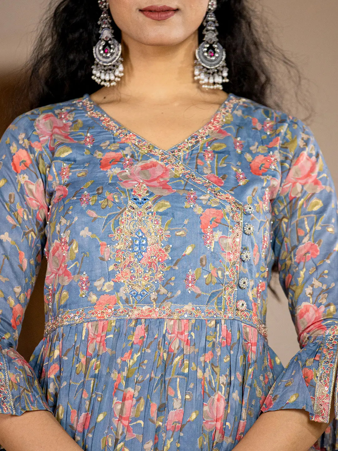 Yufta Blue Cotton Beads And Stones A-Line Gathers Kurta And Dhoti Pants With Dupatta Set