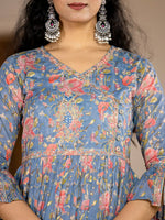 Thumbnail for Yufta Blue Cotton Beads And Stones A-Line Gathers Kurta And Dhoti Pants With Dupatta Set