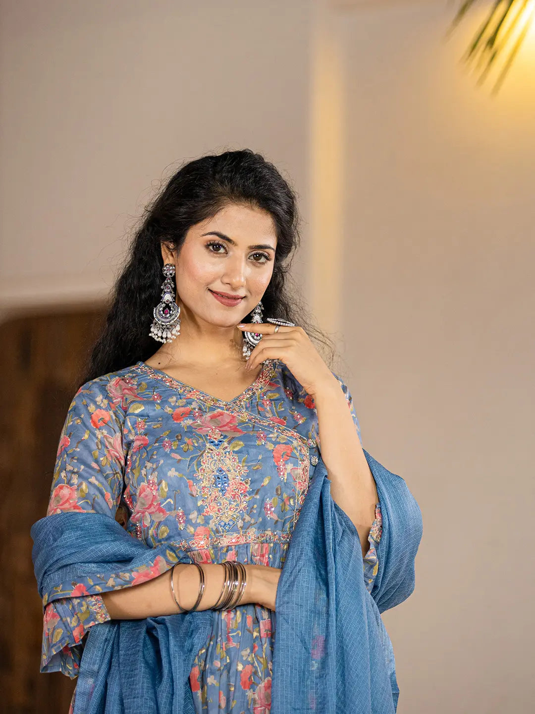 Yufta Blue Cotton Beads And Stones A-Line Gathers Kurta And Dhoti Pants With Dupatta Set