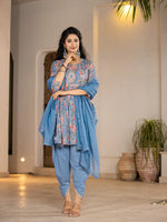 Thumbnail for Yufta Blue Cotton Beads And Stones A-Line Gathers Kurta And Dhoti Pants With Dupatta Set