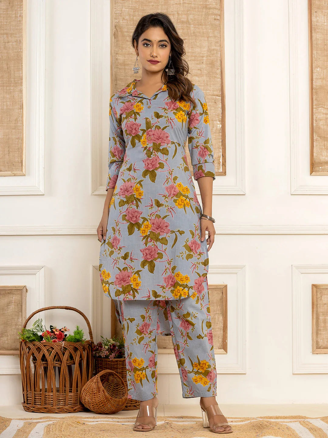 Yufta Blue Cotton Floral Print Striped Print Co-Ord Set