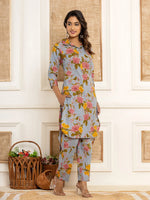 Thumbnail for Yufta Blue Cotton Floral Print Striped Print Co-Ord Set