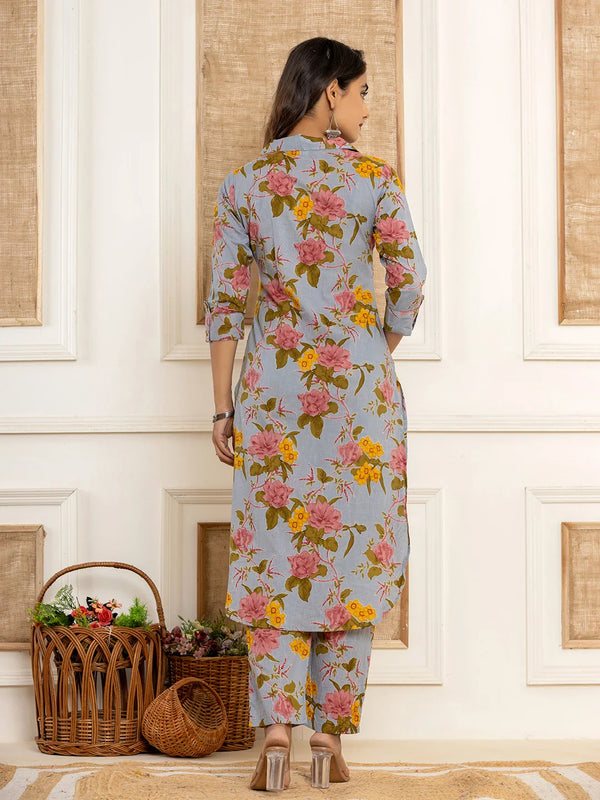 Yufta Blue Cotton Floral Print Striped Print Co-Ord Set