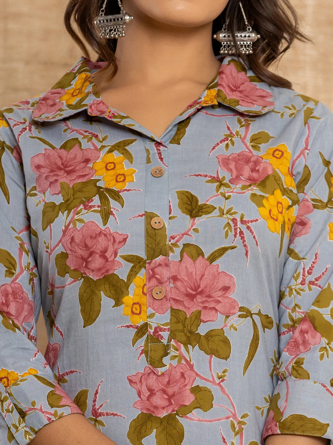 Yufta Blue Cotton Floral Print Striped Print Co-Ord Set