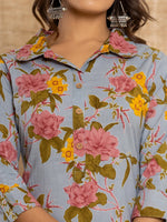 Thumbnail for Yufta Blue Cotton Floral Print Striped Print Co-Ord Set