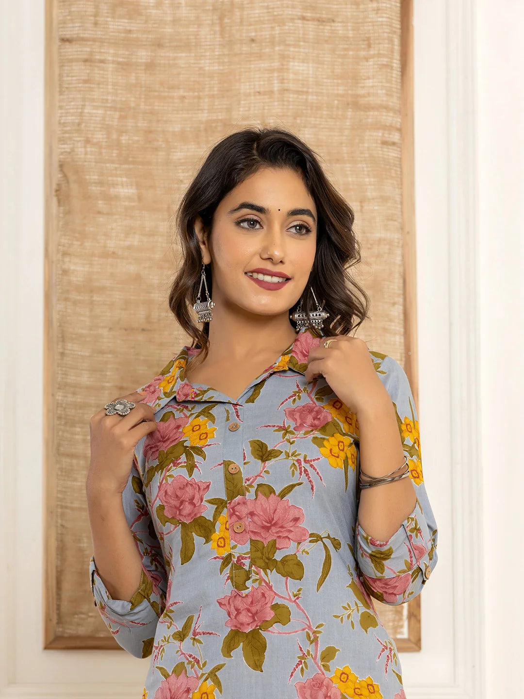 Yufta Blue Cotton Floral Print Striped Print Co-Ord Set