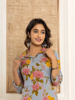 Thumbnail for Yufta Blue Cotton Floral Print Striped Print Co-Ord Set
