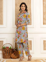 Thumbnail for Yufta Blue Cotton Floral Print Striped Print Co-Ord Set