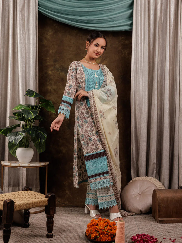 Yufta Blue Cotton Kurta Dupatta Set With Lace Detailing