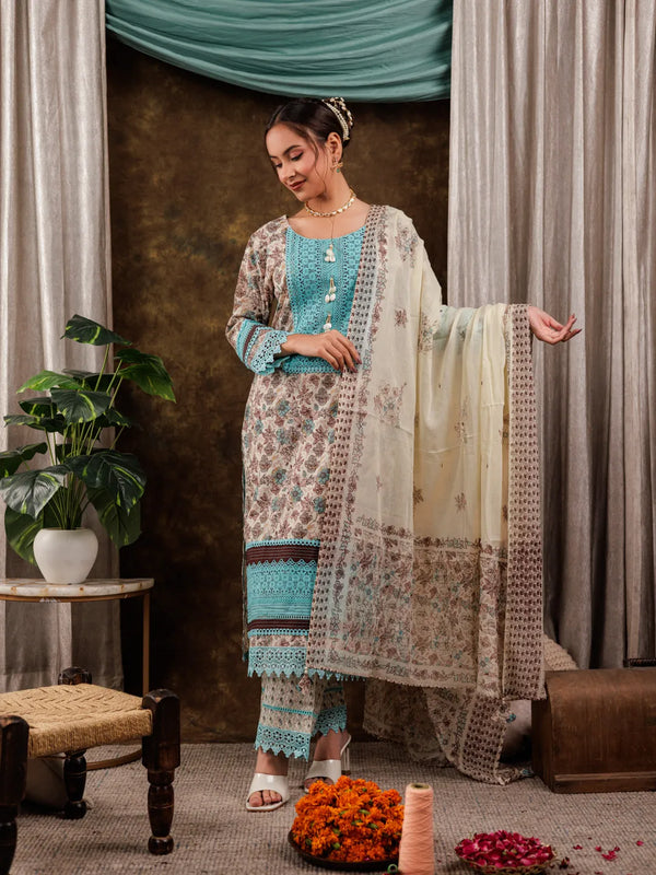 Yufta Blue Cotton Kurta Dupatta Set With Lace Detailing