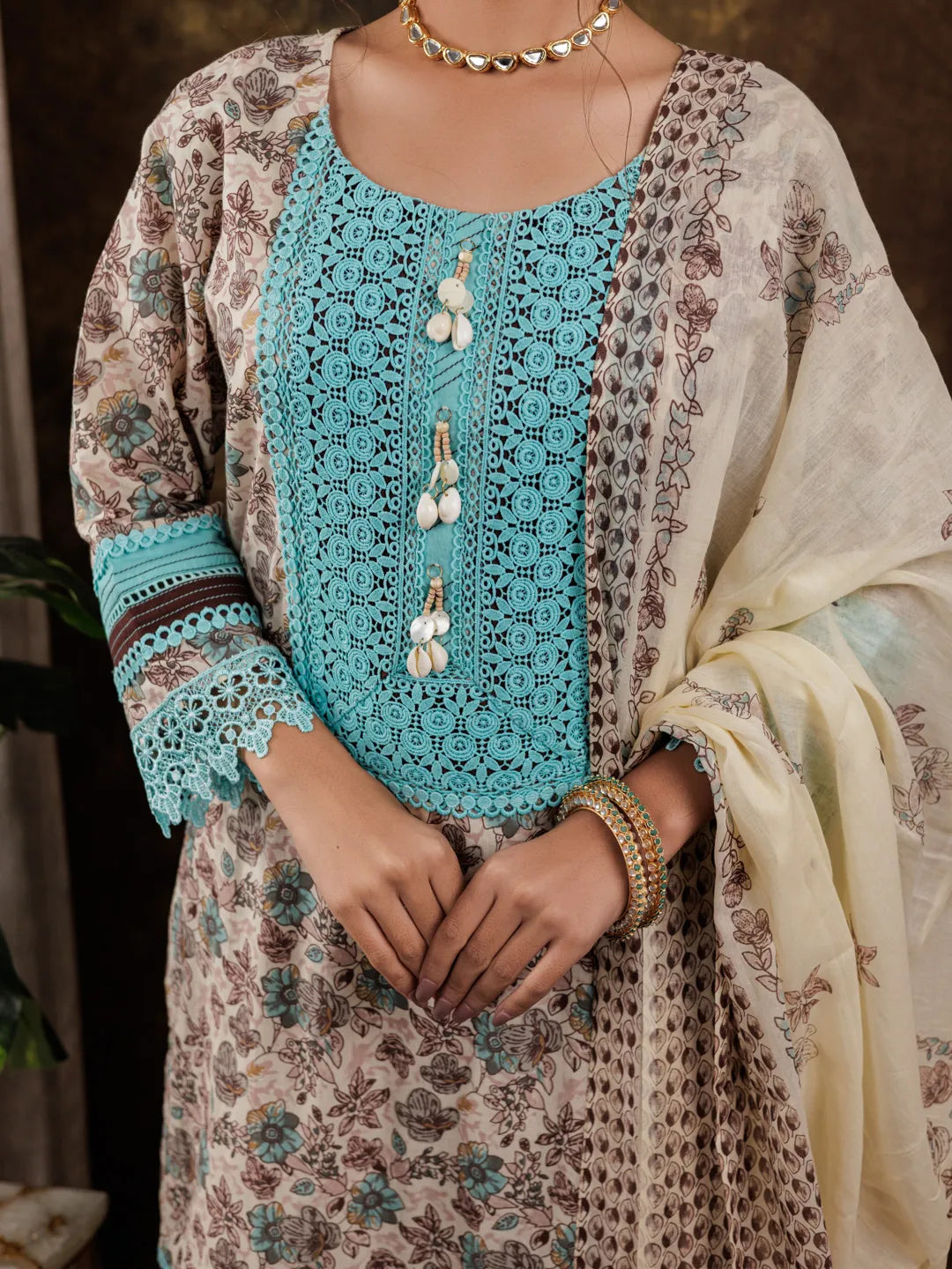 Yufta Blue Cotton Kurta Dupatta Set With Lace Detailing