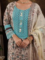 Thumbnail for Yufta Blue Cotton Kurta Dupatta Set With Lace Detailing