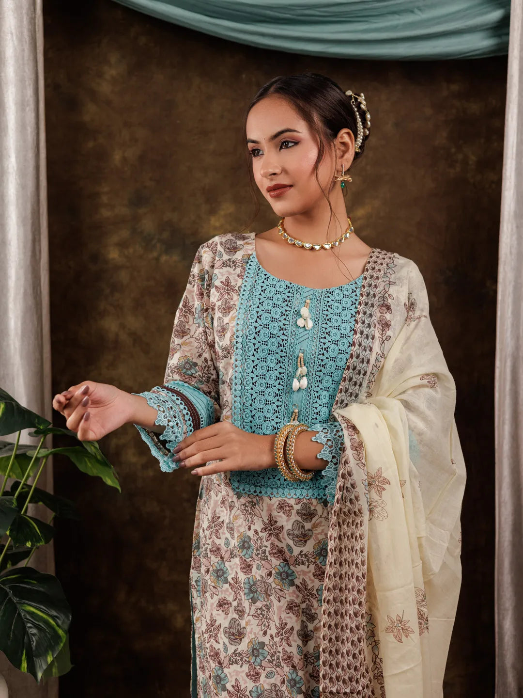 Yufta Blue Cotton Kurta Dupatta Set With Lace Detailing