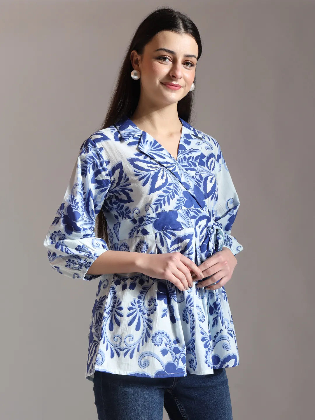 Yufta Blue Cotton Peplum Top - Distacart