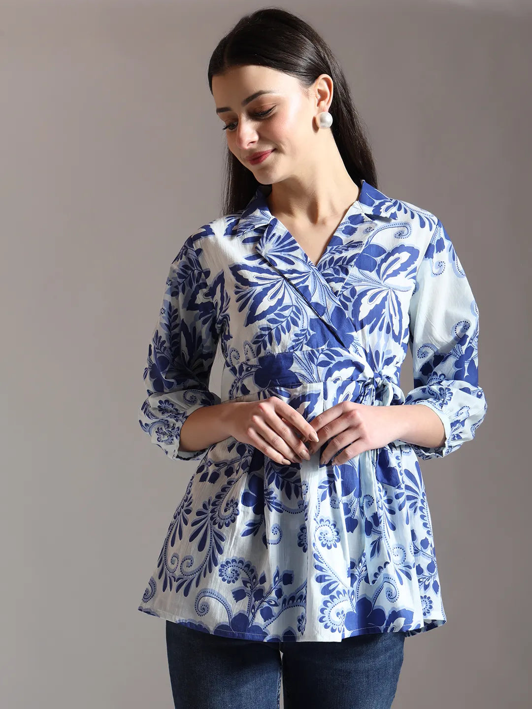 Yufta Blue Cotton Peplum Top