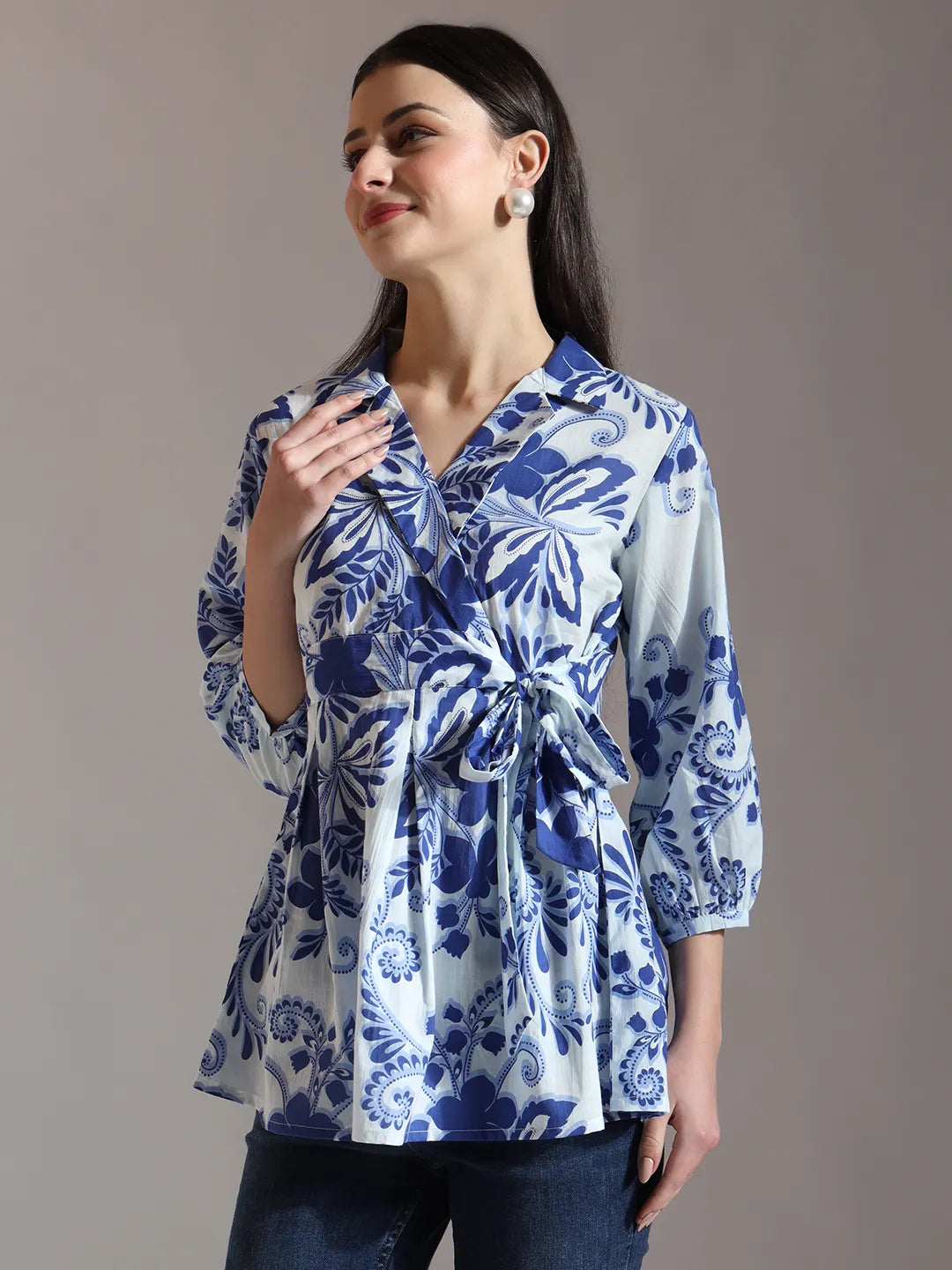 Yufta Blue Cotton Peplum Top