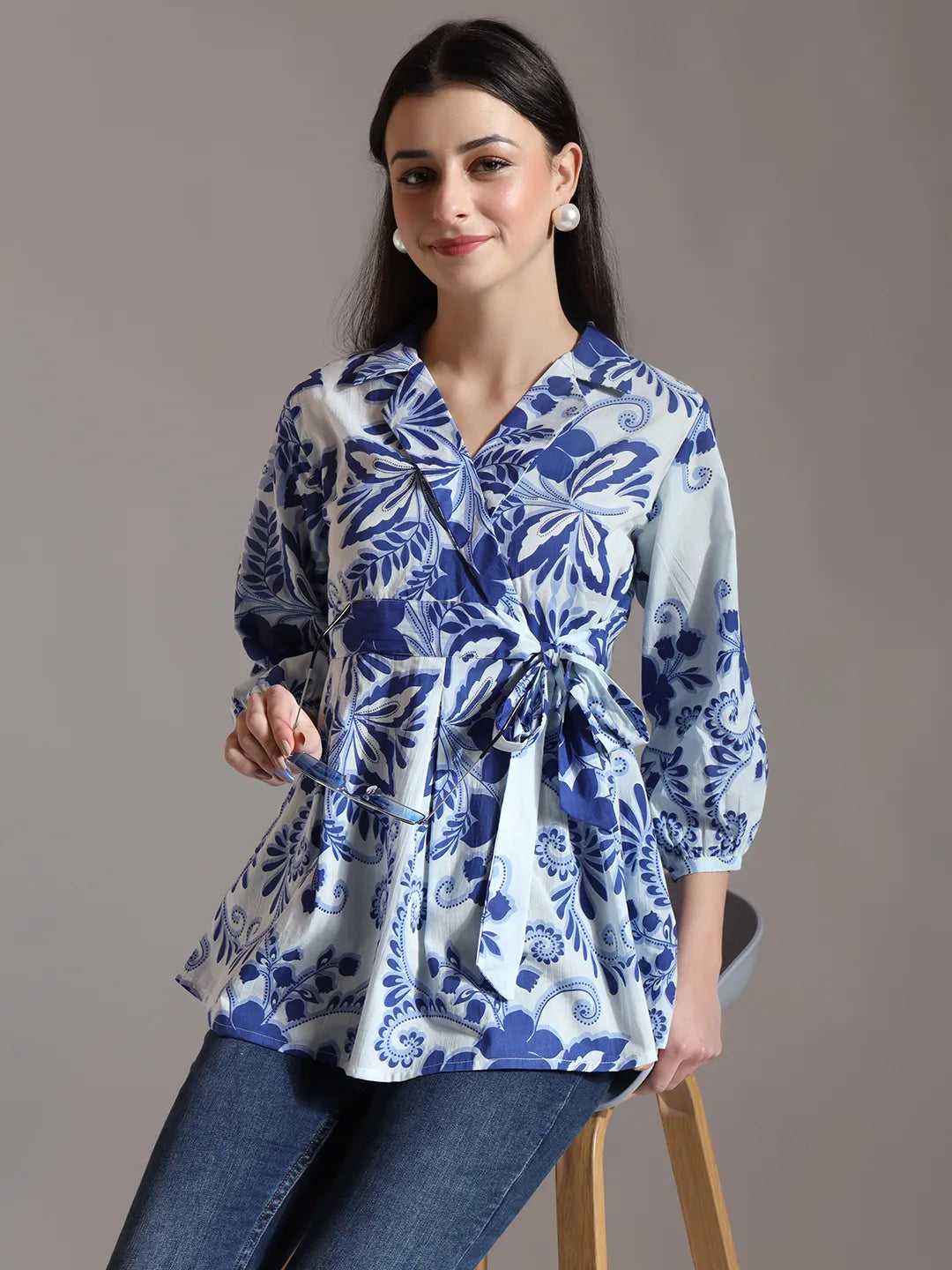 Yufta Blue Cotton Peplum Top