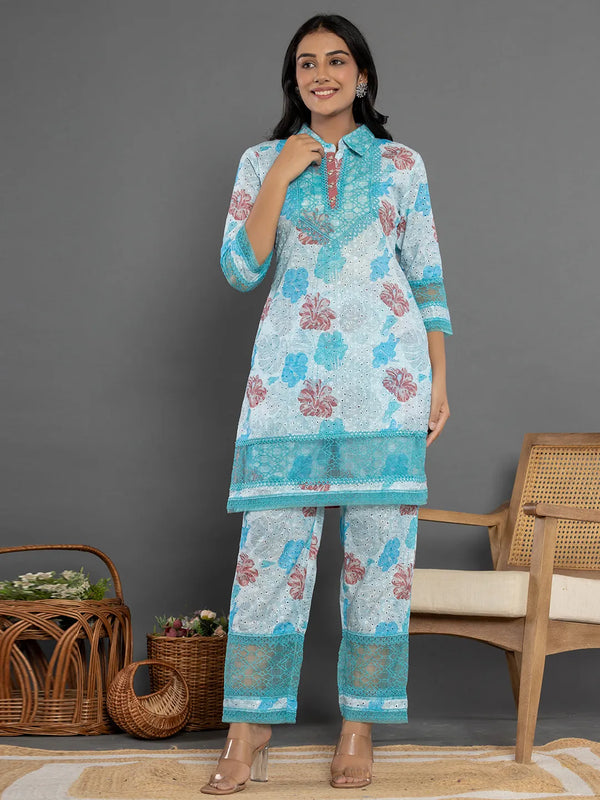 Yufta Blue Cotton Schiffli Co-Ord Set With Lace Detailing