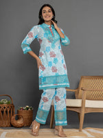 Thumbnail for Yufta Blue Cotton Schiffli Co-Ord Set With Lace Detailing