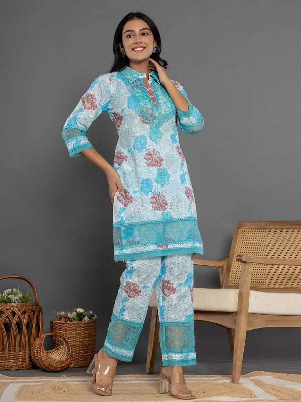 Yufta Blue Cotton Schiffli Co-Ord Set With Lace Detailing