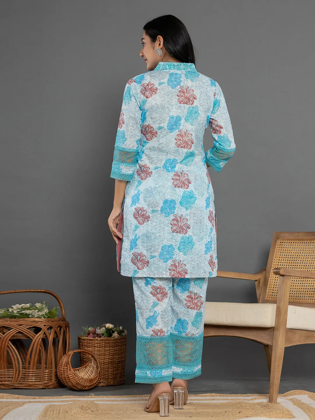 Yufta Blue Cotton Schiffli Co-Ord Set With Lace Detailing