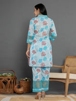 Thumbnail for Yufta Blue Cotton Schiffli Co-Ord Set With Lace Detailing