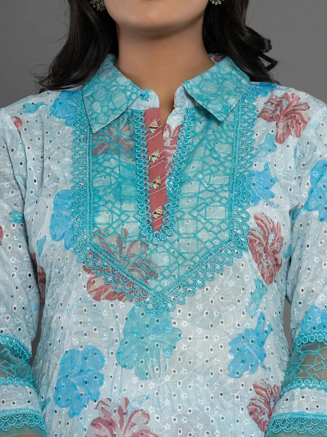 Yufta Blue Cotton Schiffli Co-Ord Set With Lace Detailing