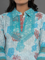 Thumbnail for Yufta Blue Cotton Schiffli Co-Ord Set With Lace Detailing