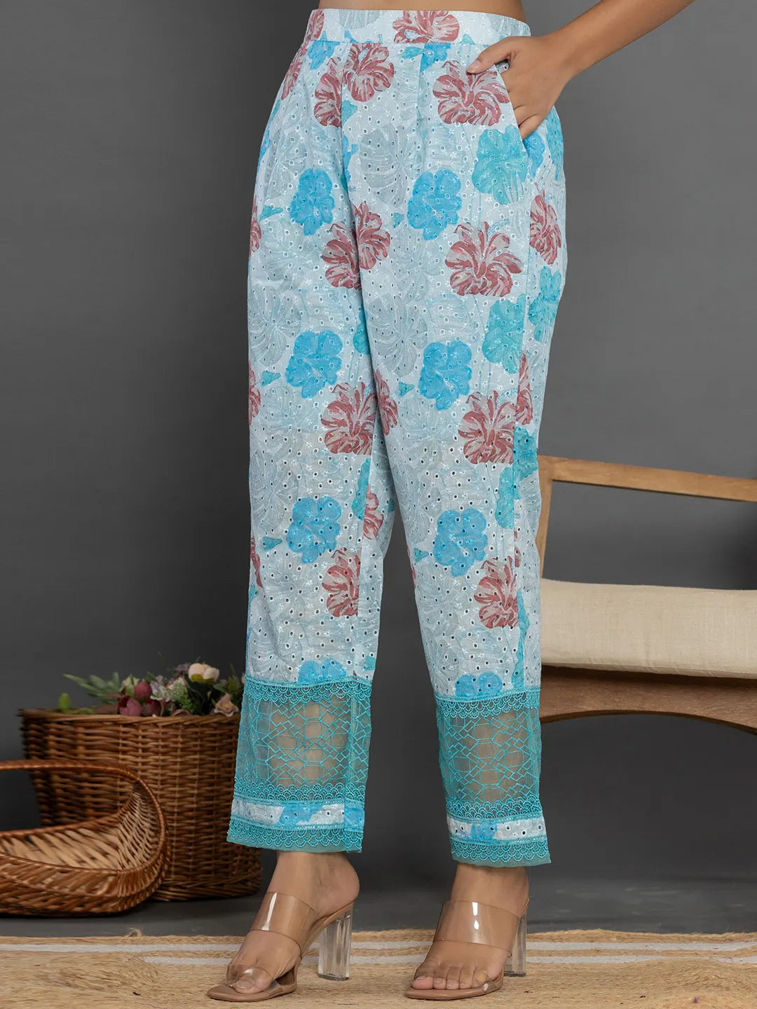 Yufta Blue Cotton Schiffli Co-Ord Set With Lace Detailing