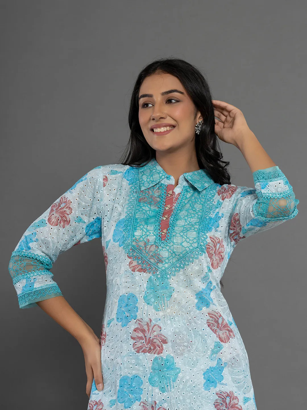 Yufta Blue Cotton Schiffli Co-Ord Set With Lace Detailing