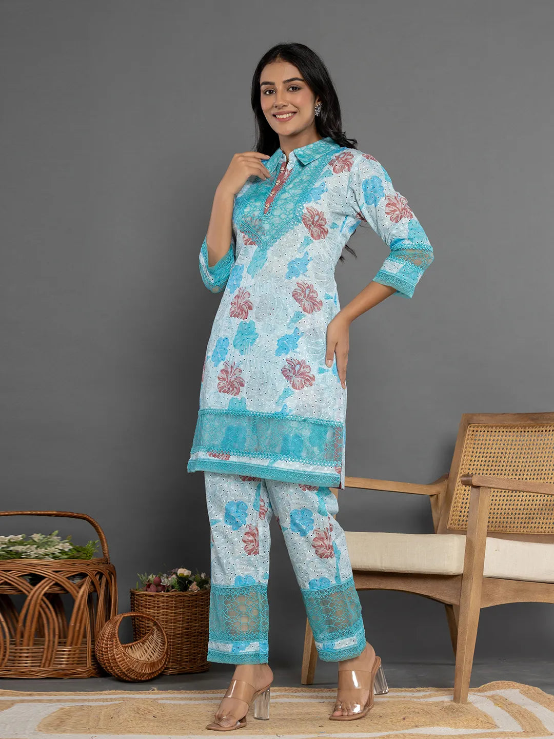 Yufta Blue Cotton Schiffli Co-Ord Set With Lace Detailing