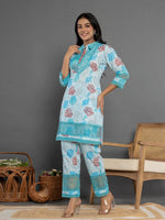 Thumbnail for Yufta Blue Cotton Schiffli Co-Ord Set With Lace Detailing