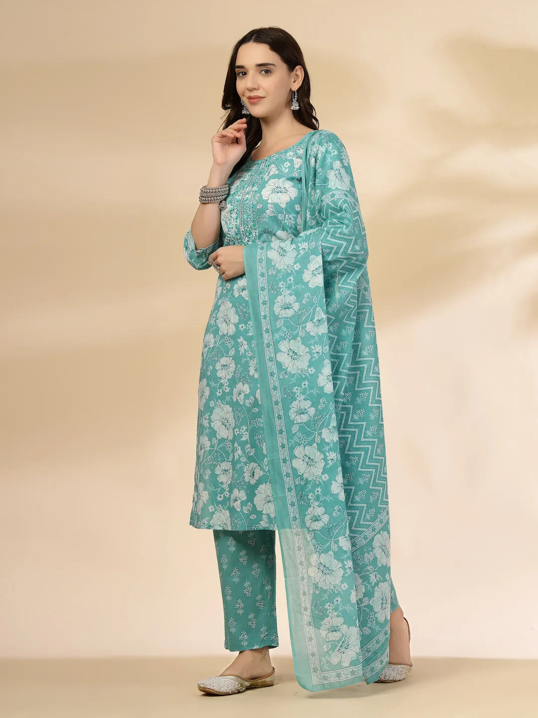 Yufta Blue Embroidered Straight Kurta Trouser And Dupatta Set - Distacart