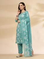Thumbnail for Yufta Blue Embroidered Straight Kurta Trouser And Dupatta Set