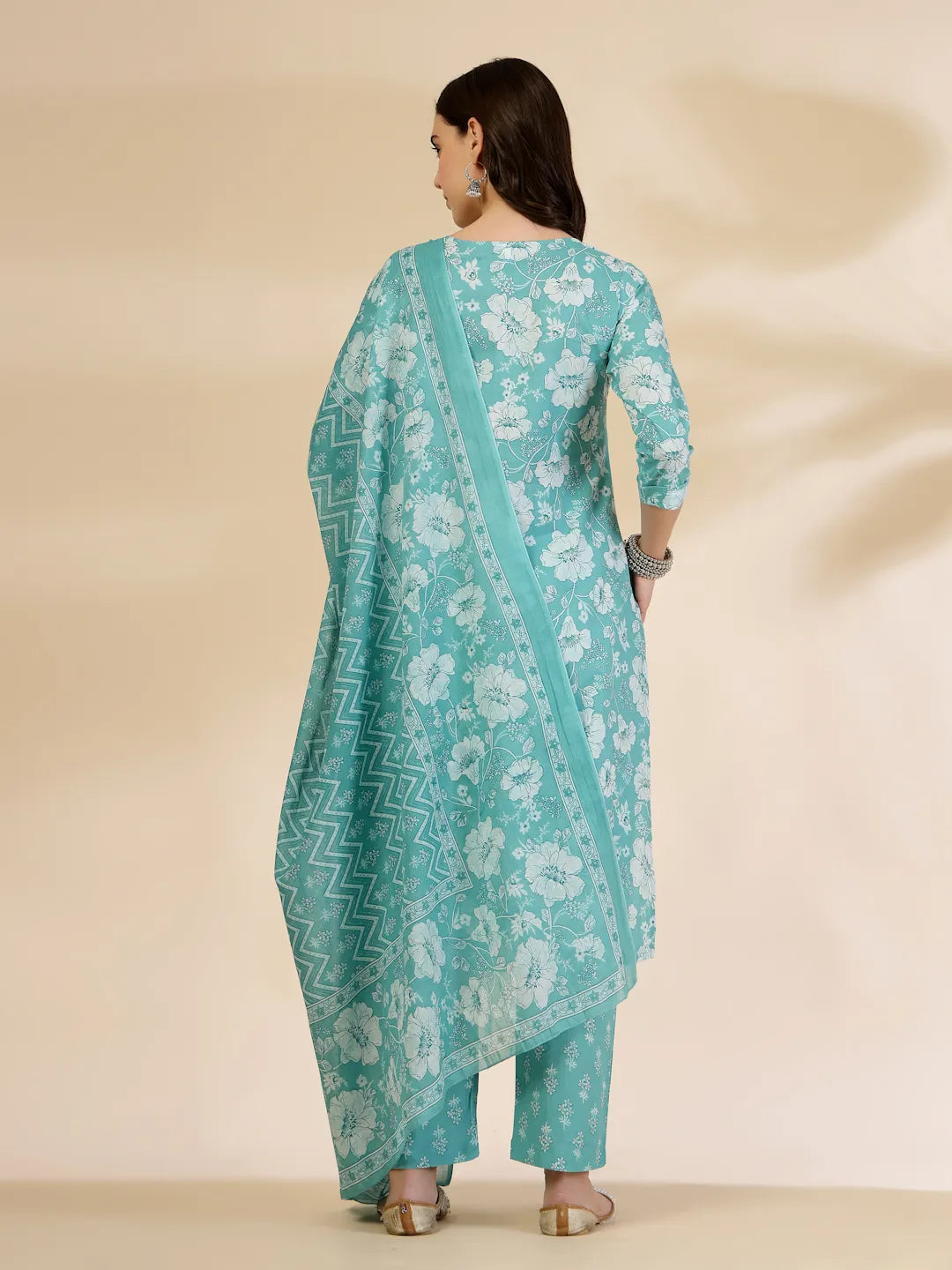 Yufta Blue Embroidered Straight Kurta Trouser And Dupatta Set