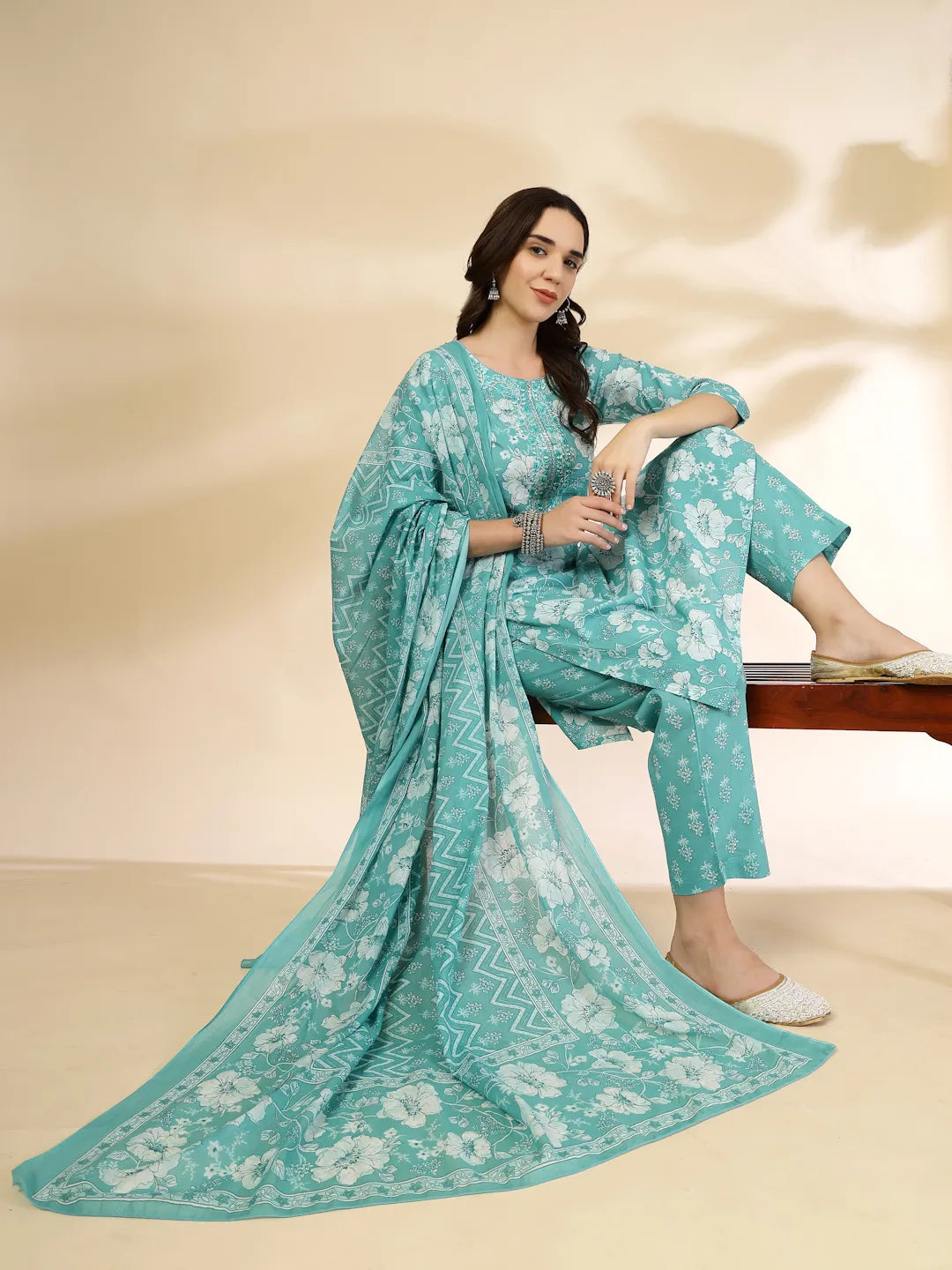 Yufta Blue Embroidered Straight Kurta Trouser And Dupatta Set