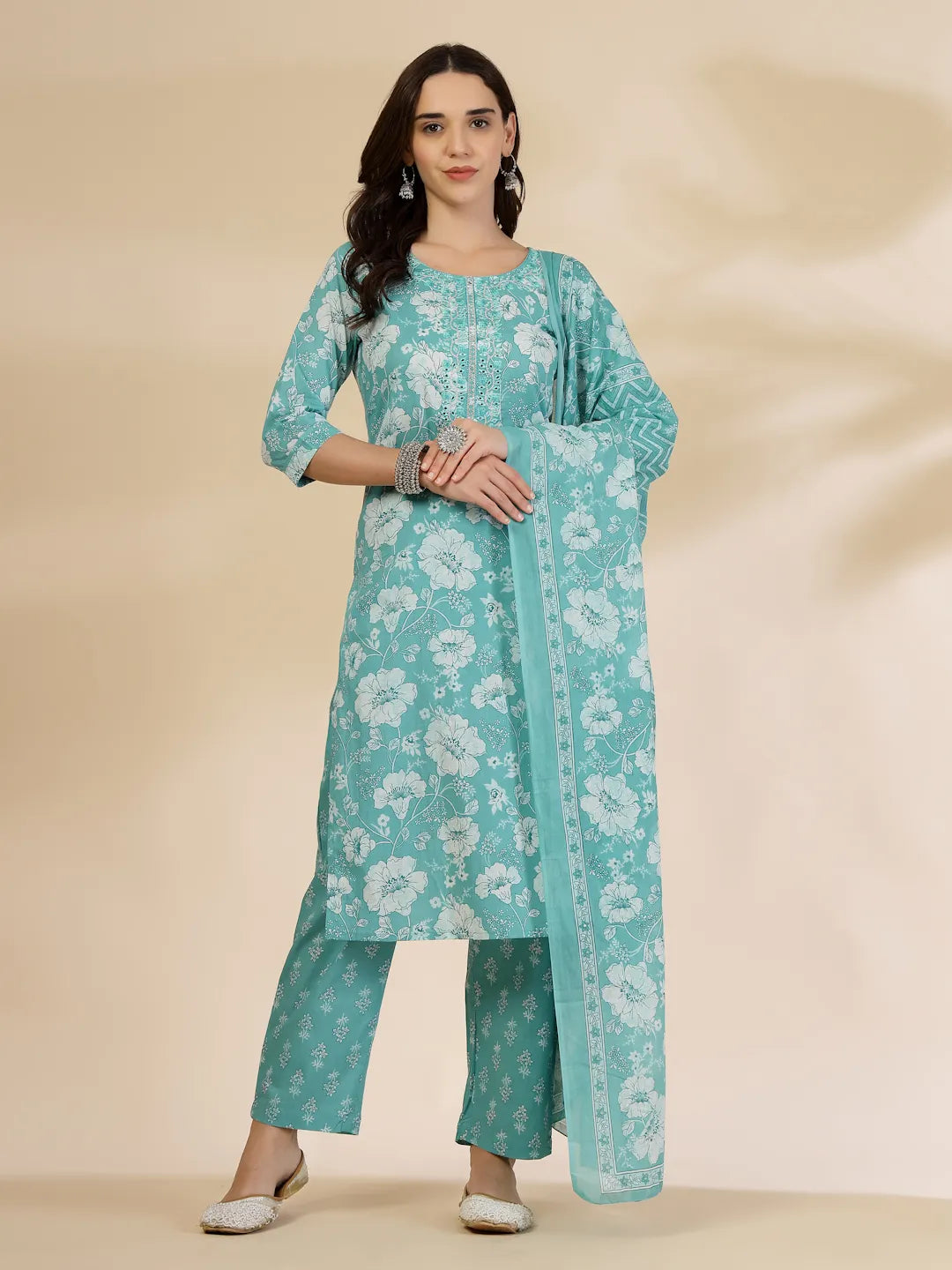 Yufta Blue Embroidered Straight Kurta Trouser And Dupatta Set - Distacart