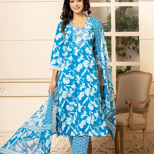 Yufta Blue Embroidery Cotton Straight Kurta Dupatta Set - Distacart