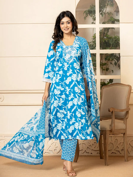 Yufta Blue Embroidery Cotton Straight Kurta Dupatta Set
