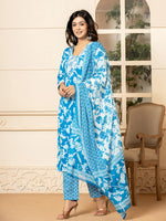 Thumbnail for Yufta Blue Embroidery Cotton Straight Kurta Dupatta Set