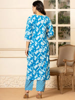 Thumbnail for Yufta Blue Embroidery Cotton Straight Kurta Dupatta Set
